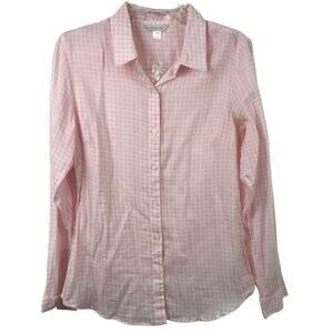Garnett Hill Women Gingham Long Sleeve Button Up Top Blouse Pink Preppy Size 12